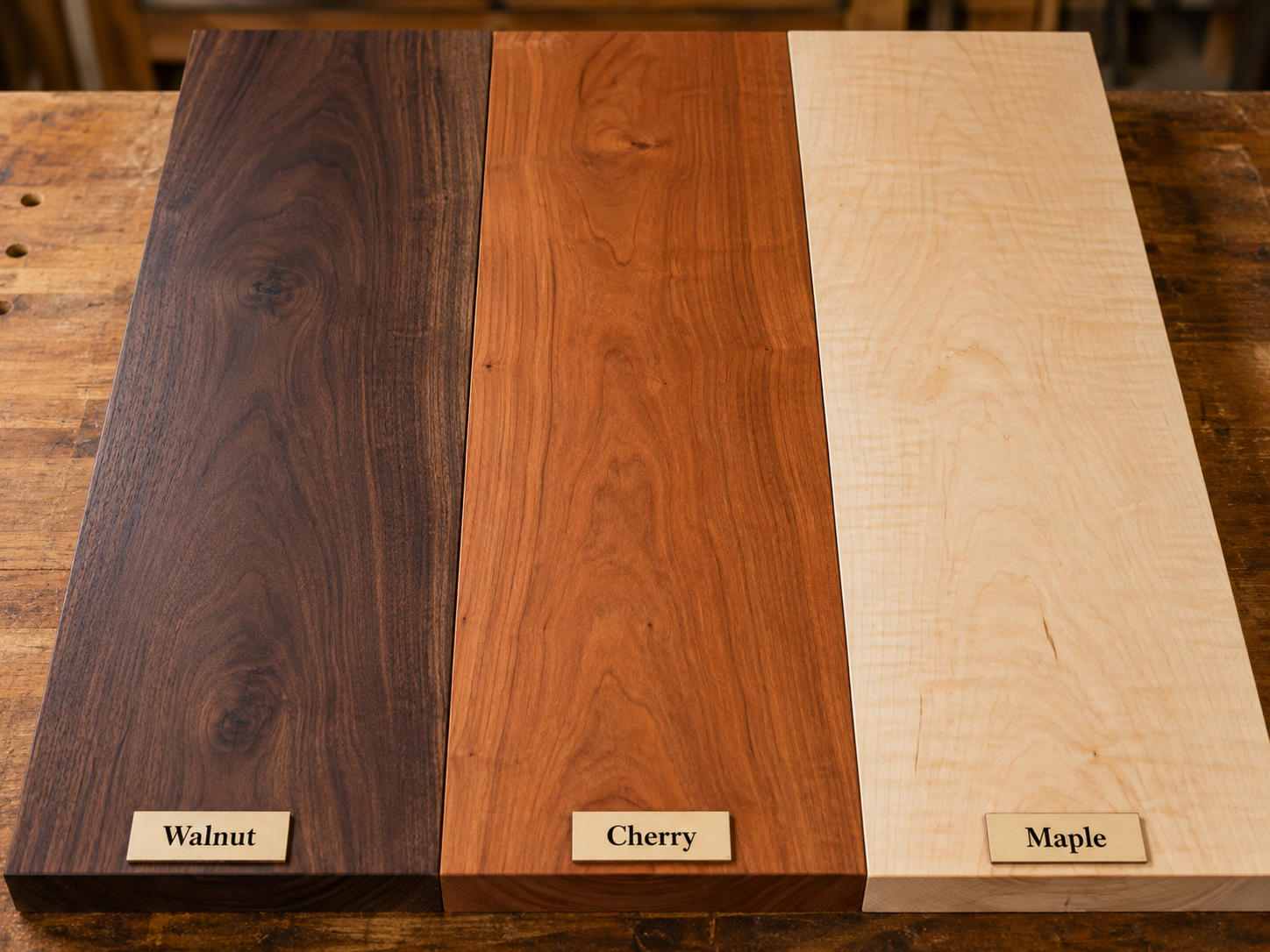 Wood samples — Walnut, Cherry, and Maple