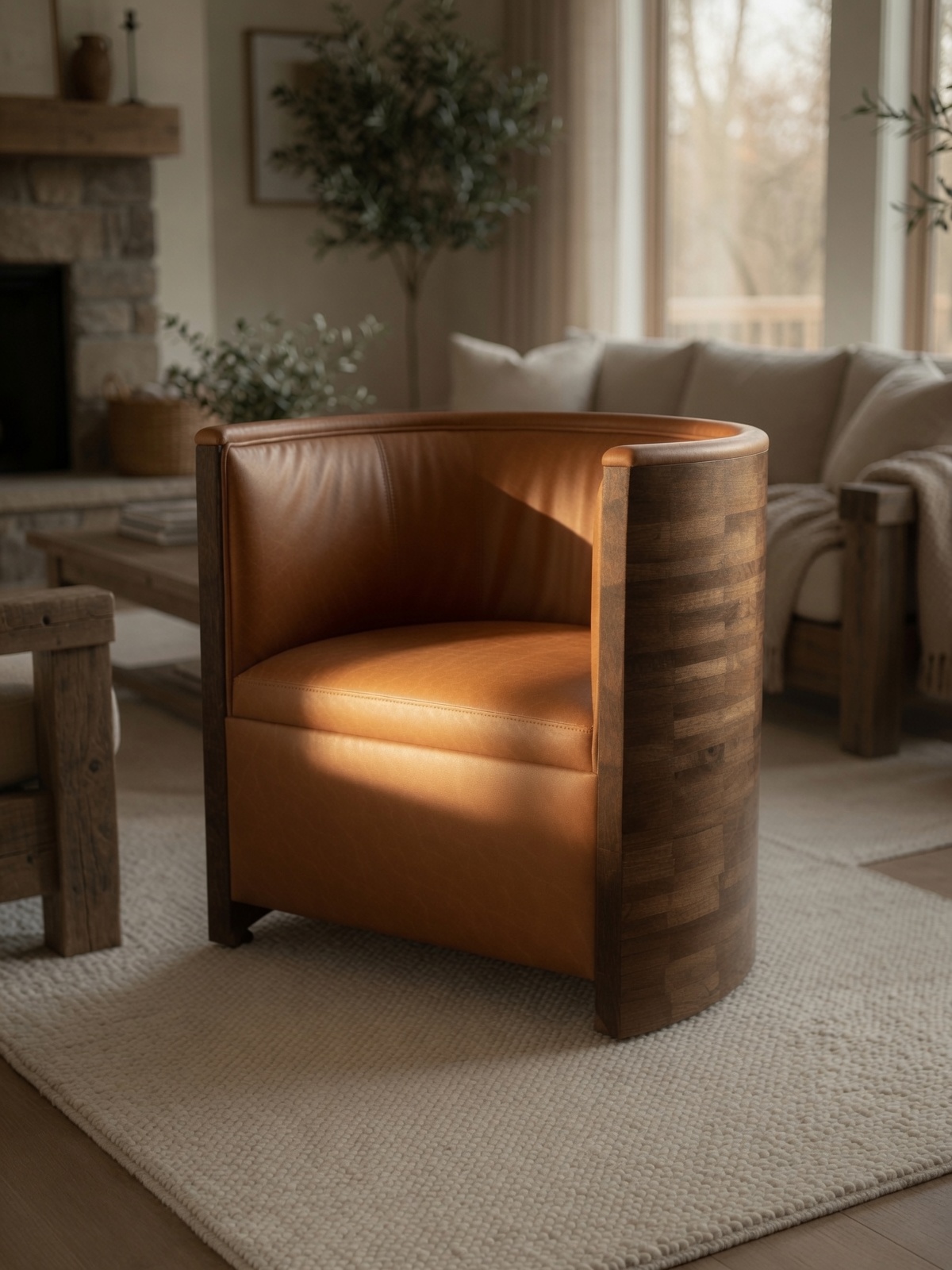 Cirque Chair — segmented walnut and leather lounge chair in a warm modern living room